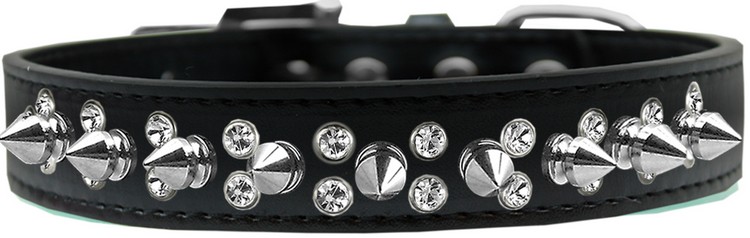 Double Crystal and Silver Spikes Dog Collar Black Size 14